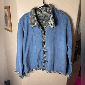 Blue Fleece Faux Fur Toggle Fastener Jacket Cozy Winter Teddy Trim XL